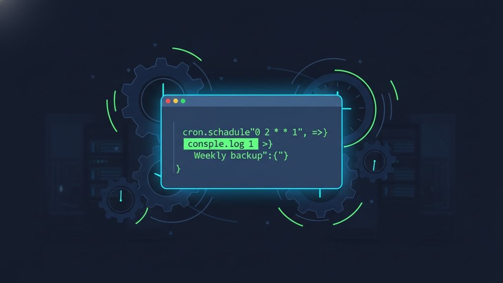 Terminal showing a cron expression with clock and gear icons, symbolizing automated task scheduling on a server.