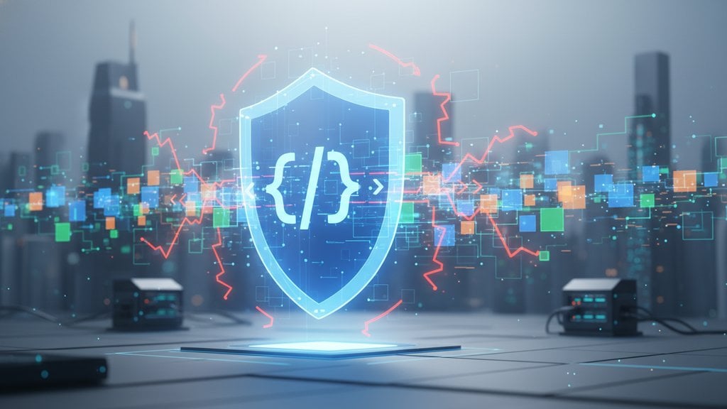 Modern illustration of interconnected data blocks and validation checkmarks flowing through a digital network, representing JSON schema validation for API data integrity.