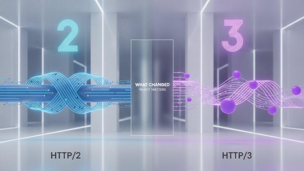 Two glowing data streams racing through a futuristic digital tunnel, illustrating the HTTP/2 vs HTTP/3 protocol evolution.