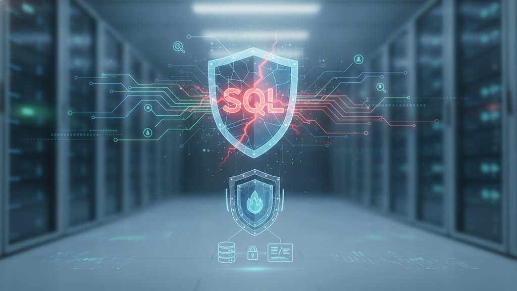 A glowing API endpoint diagram with a cracked shield overlay, illustrating SQL injection vulnerability detection and prevention concepts.