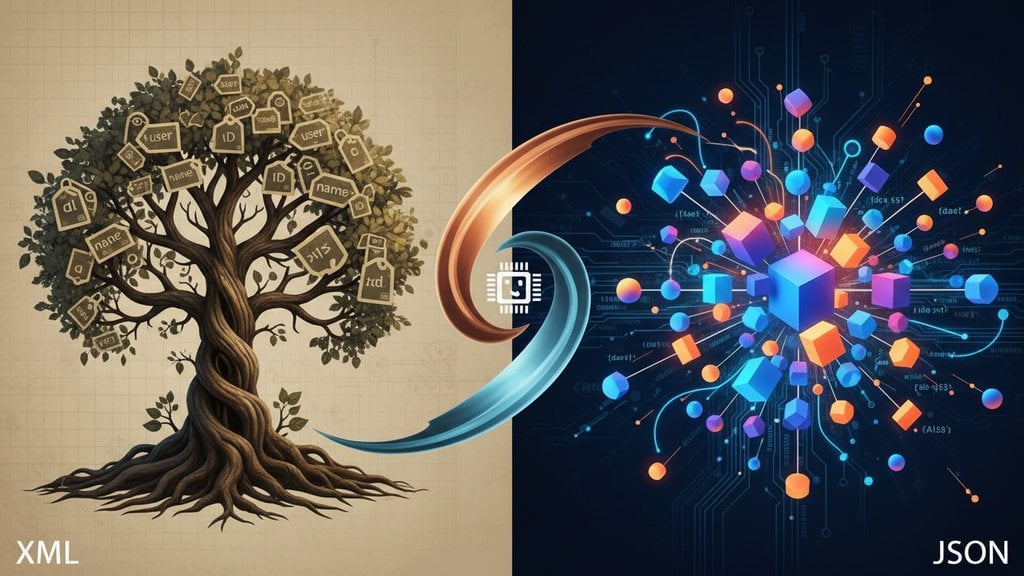 Conceptual split image contrasting XML as an organic tag-laden tree and JSON as a dynamic digital node network, symbolizing two data interchange formats.